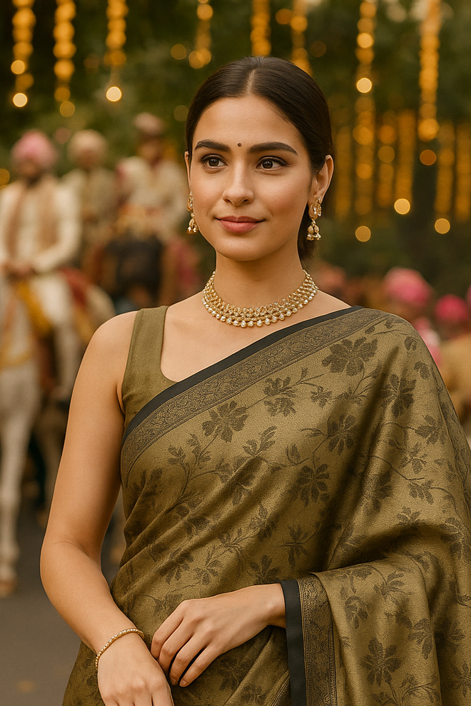 Elegant Olive Black Braso Silk Saree