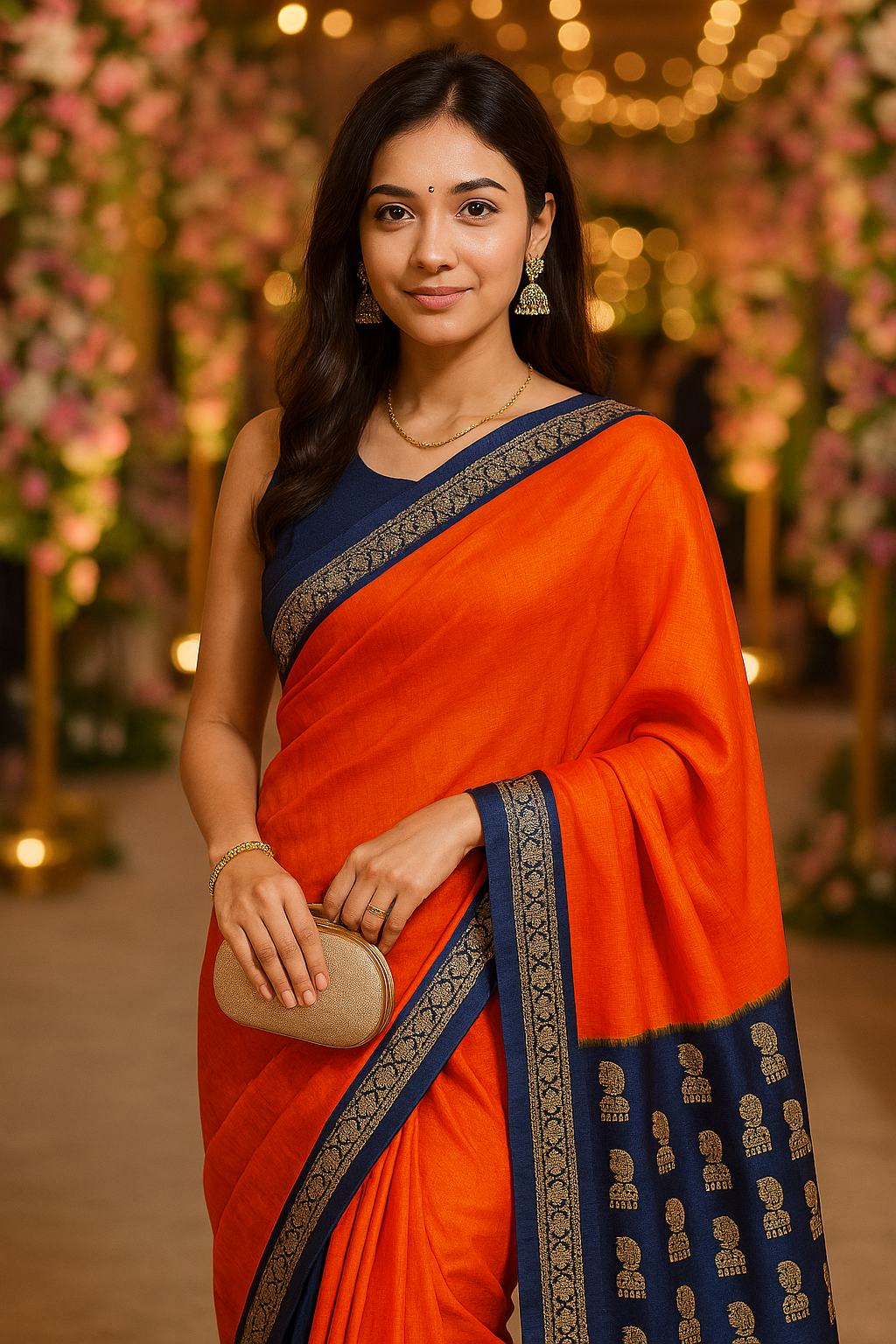 Elegant Orange & Blue Vichitra Silk Saree with Lace Border Blouse