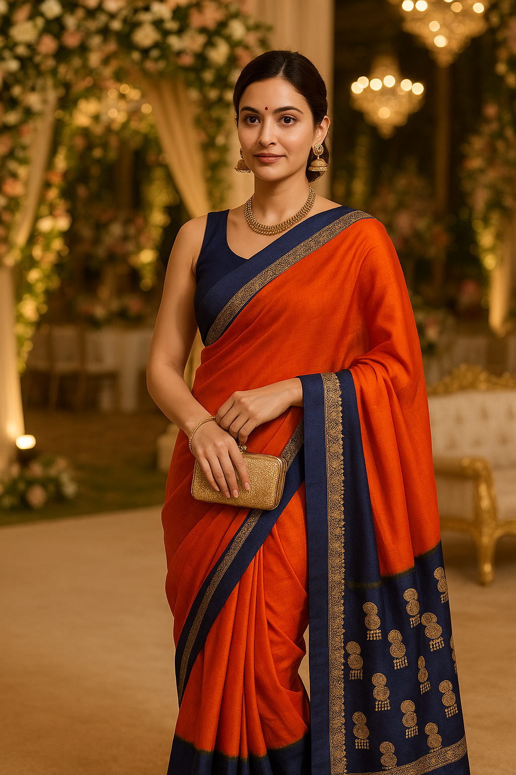 Elegant Orange & Blue Vichitra Silk Saree with Lace Border Blouse