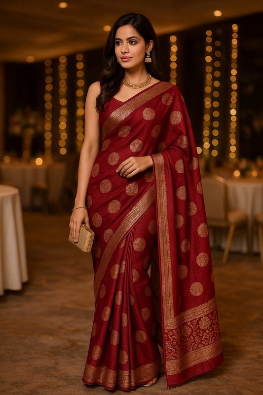 Elegant Brown Vichitra Silk Saree with Foil Print & Samosa Lace Border