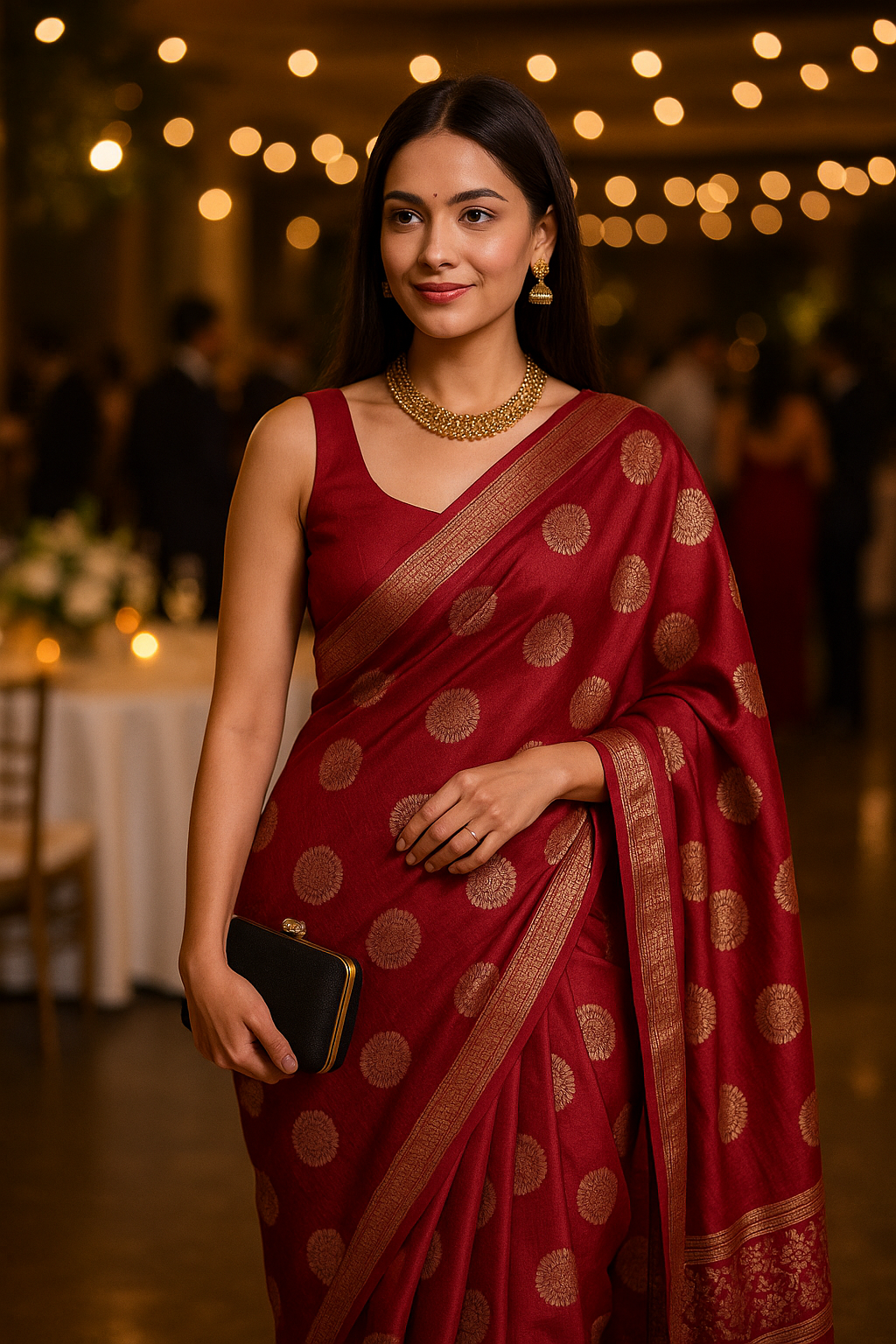 Elegant Brown Vichitra Silk Saree with Foil Print & Samosa Lace Border