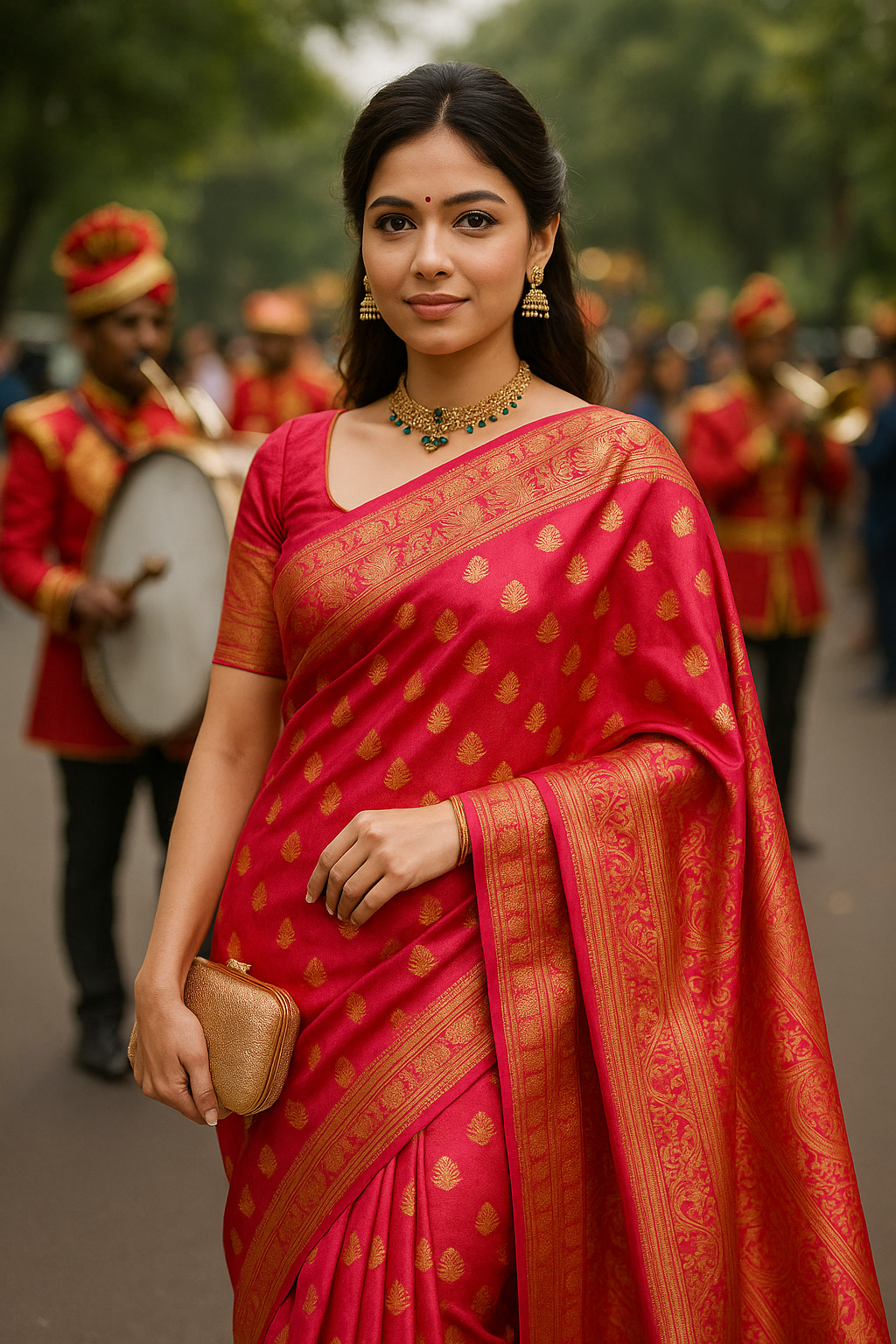 Exquisite Emerald Red Kanjeevaram Silk Saree with Golden Zari Work and Matching Blouse