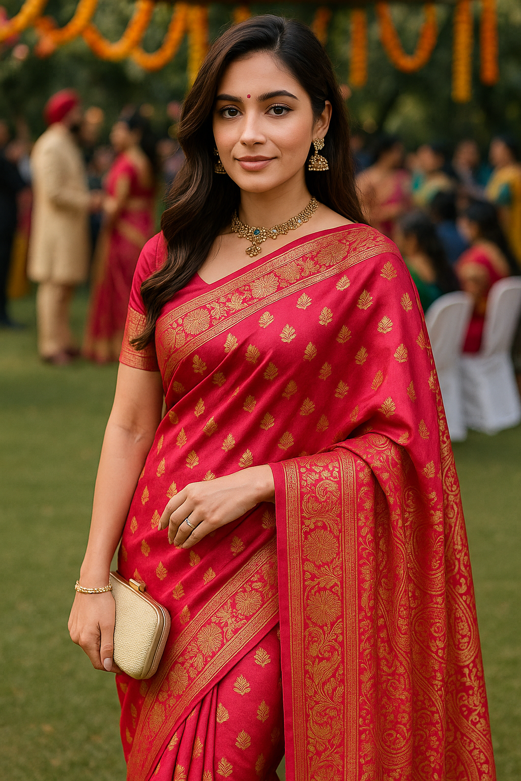 Exquisite Emerald Red Kanjeevaram Silk Saree with Golden Zari Work and Matching Blouse