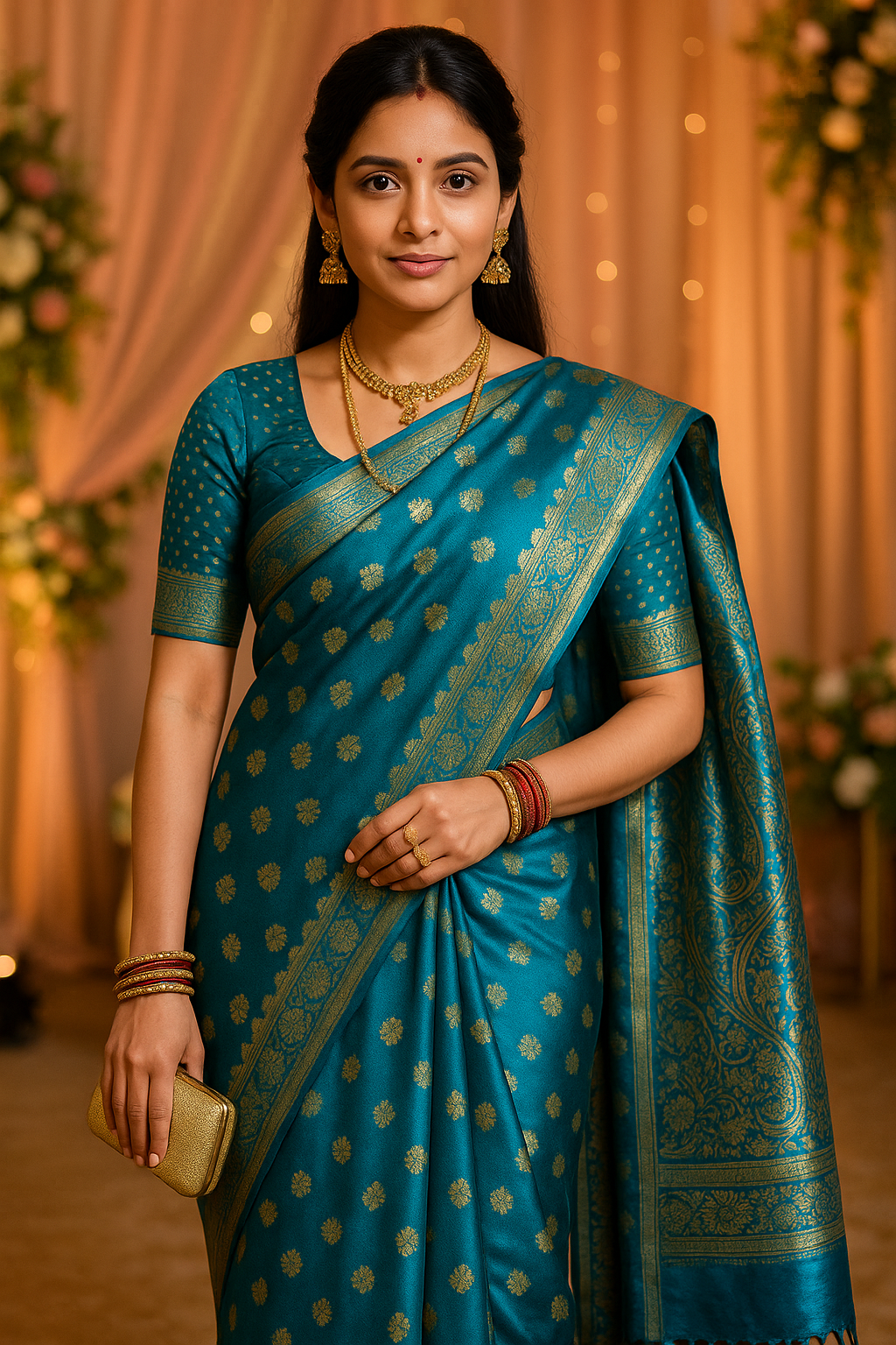 Emerald Turquoise Blue Kanjeevaram Silk Saree with Intricate Golden Zari Work