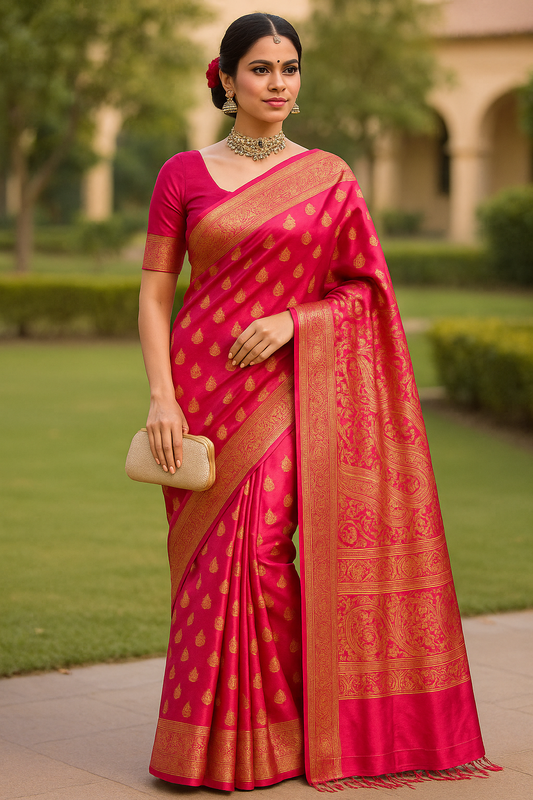 Exquisite Emerald Red Kanjeevaram Silk Saree with Golden Zari Work and Matching Blouse