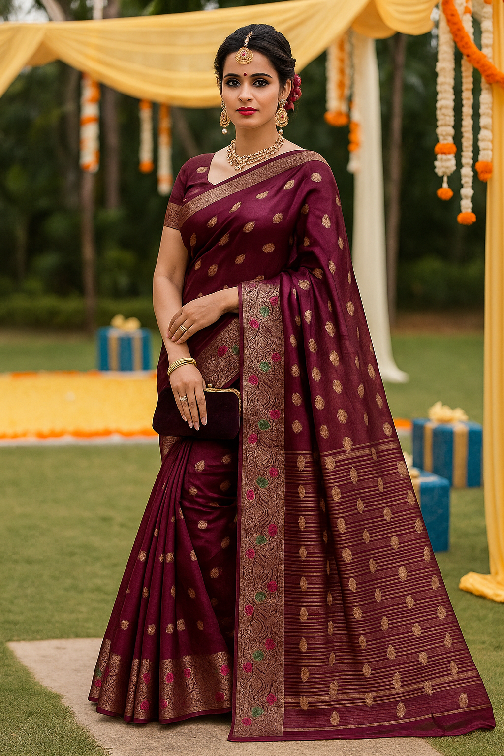 Radiant Maroon Organza Silk Saree with Golden Zari Work and Matching Blouse