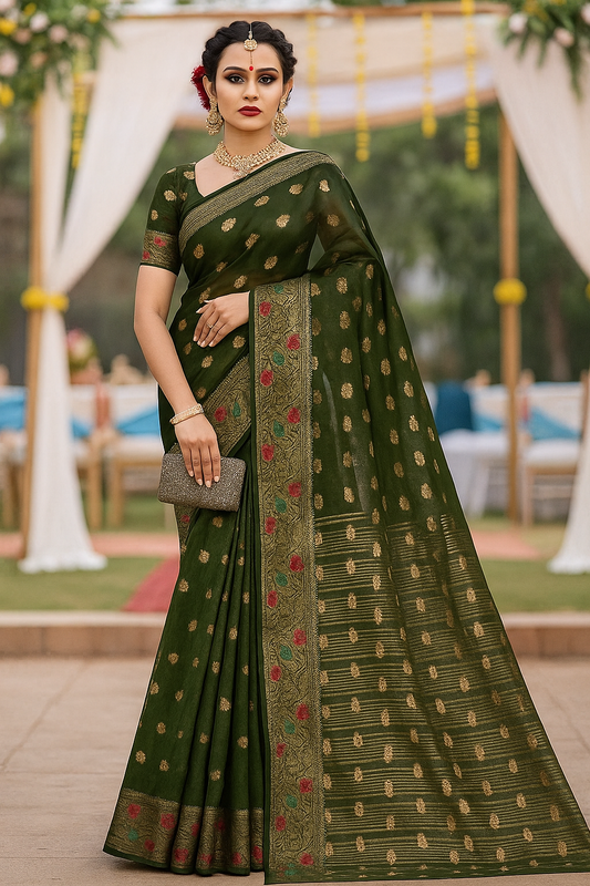 Mehndi Green Organza Silk Saree with Intricate Golden Zari Work