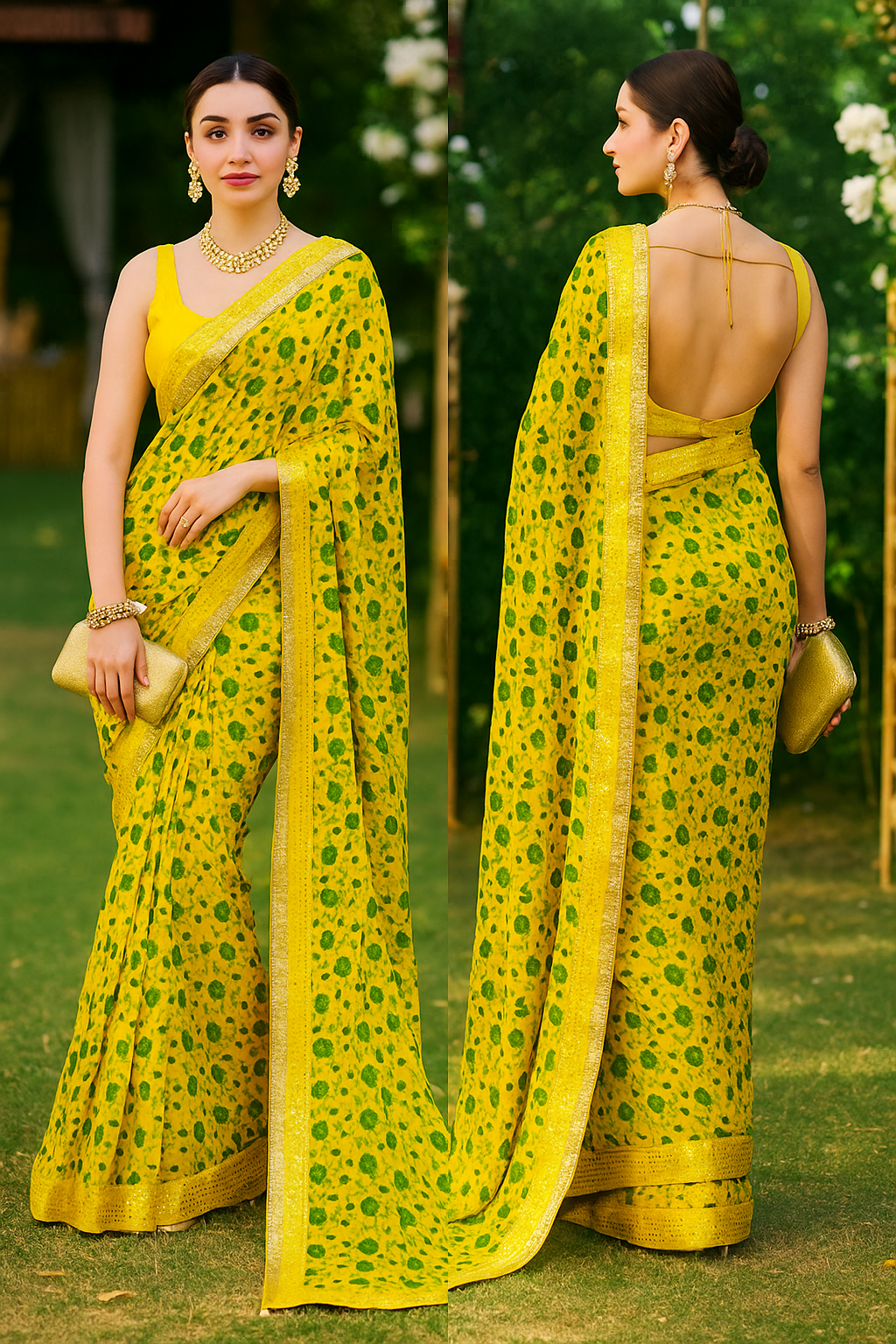 Vibrant Sunny Yellow Floral Saree with Mirror Work Border and Sleeveless Blouse
