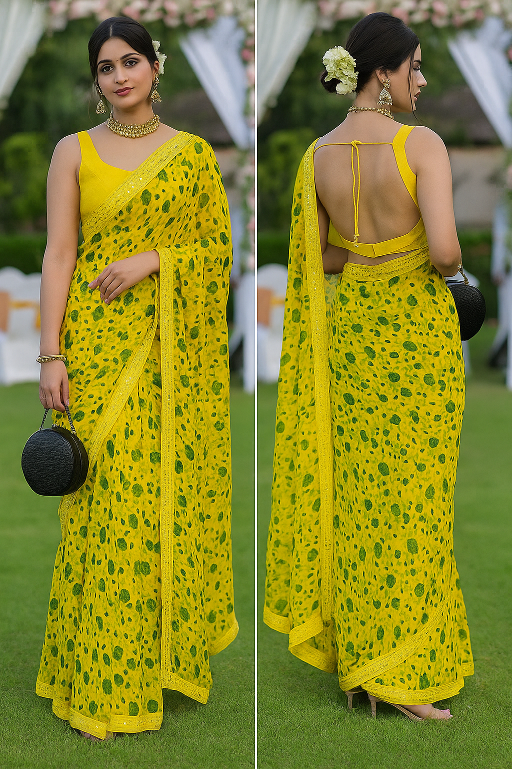 Vibrant Sunny Yellow Floral Saree with Mirror Work Border and Sleeveless Blouse