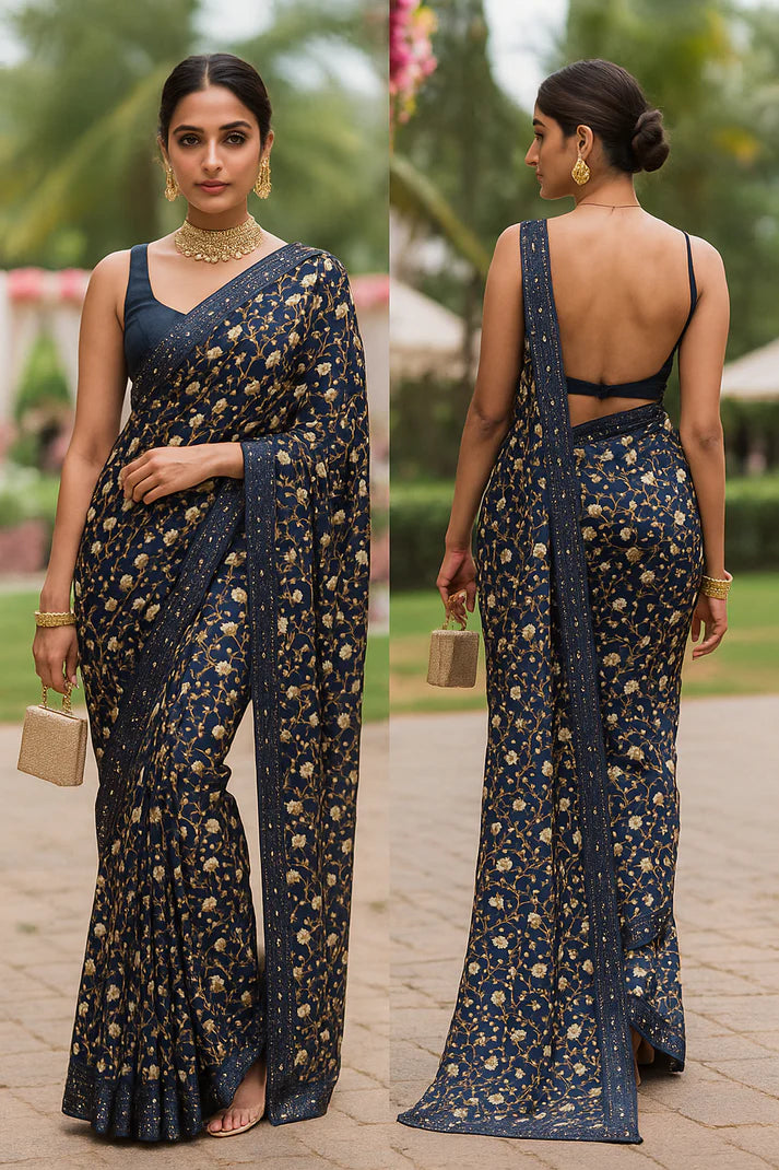 Combo of 2 Lightweight Floral Sarees with Sequin Borders | Party, Festive & Wedding Wear Deal