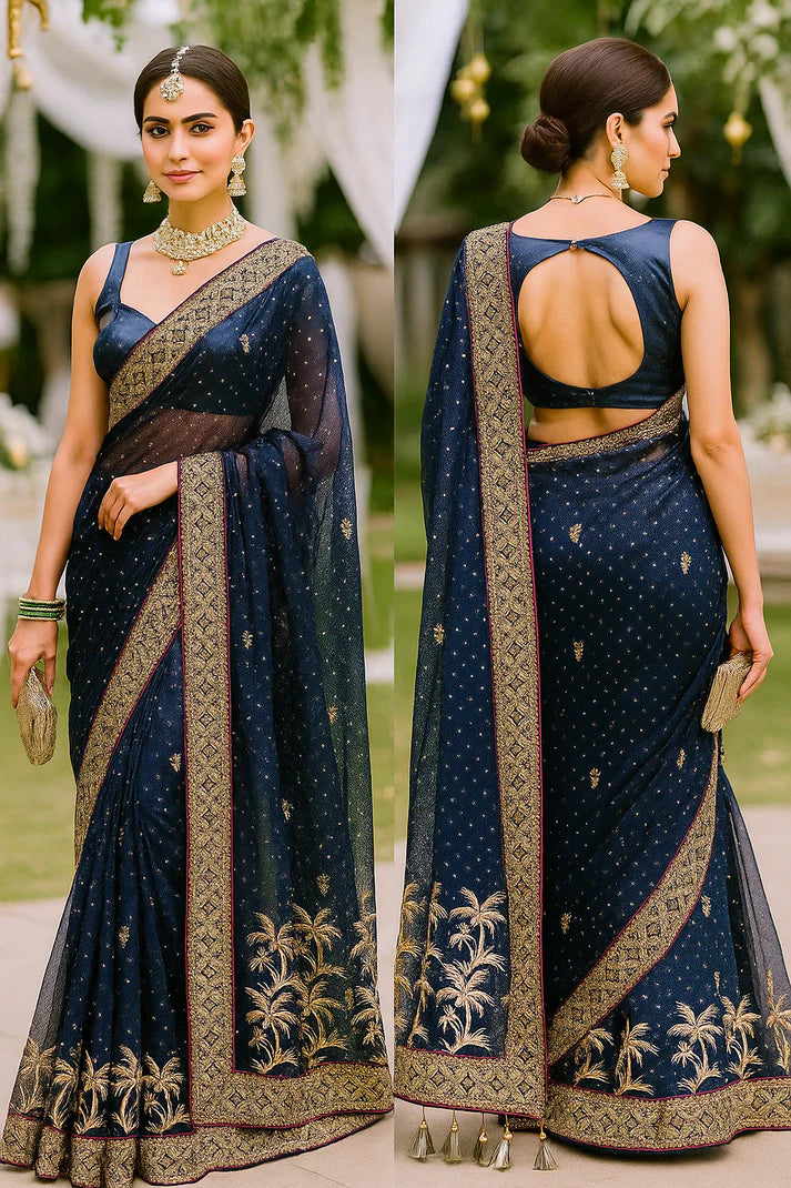 Combo of 2 Designer Twill Net Sarees with Sequin & Golden Embroidered Borders | Premium Wedding & Party Wear Deal