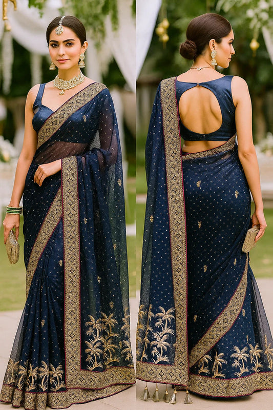Combo of 2 Designer Twill Net Sarees with Sequin & Golden Embroidered Borders | Premium Wedding & Party Wear Deal