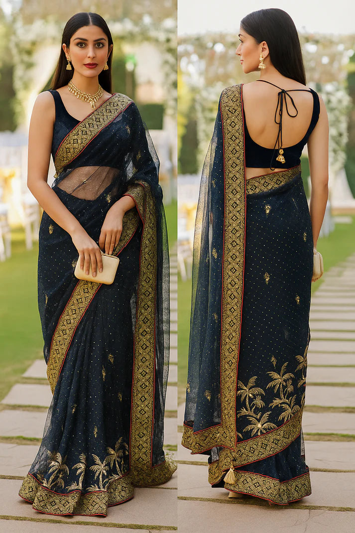 Combo of 2 Designer Twill Net Sarees with Sequin & Golden Embroidered Borders | Premium Wedding & Party Wear Deal