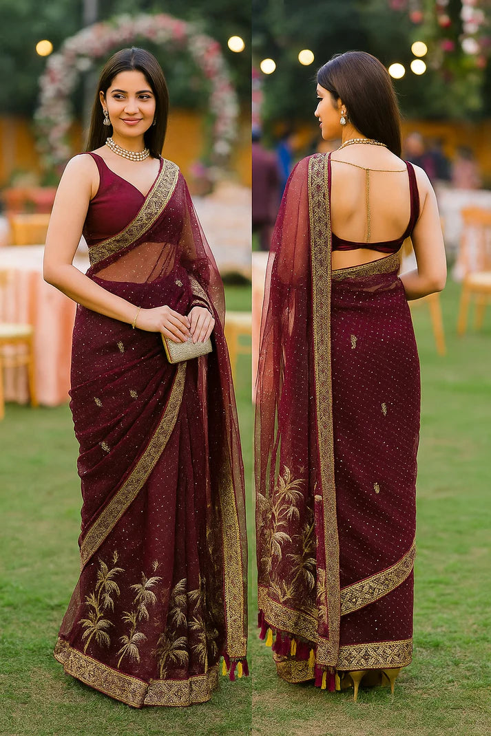 Combo of 2 Designer Twill Net Sarees with Sequin & Golden Embroidered Borders | Premium Wedding & Party Wear Deal