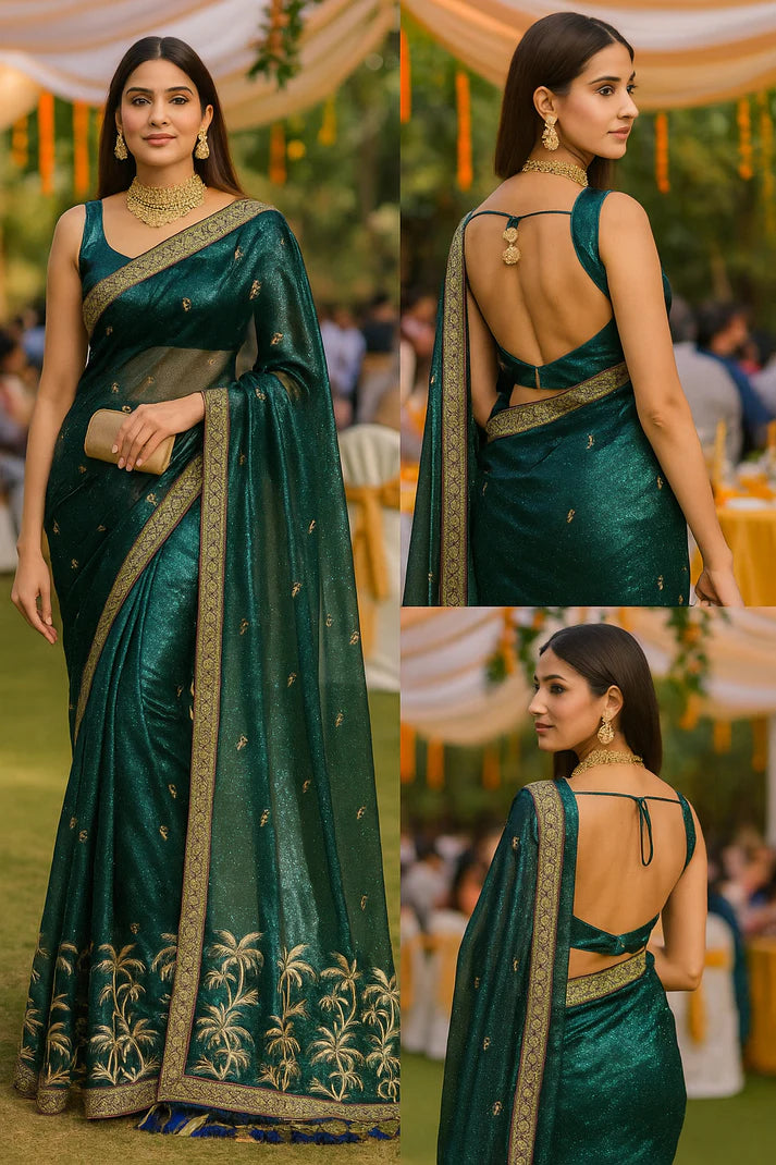 Combo of 2 Designer Twill Net Sarees with All-Over Sequin & Golden Embroidered Border | Premium Party & Wedding Wear Deal