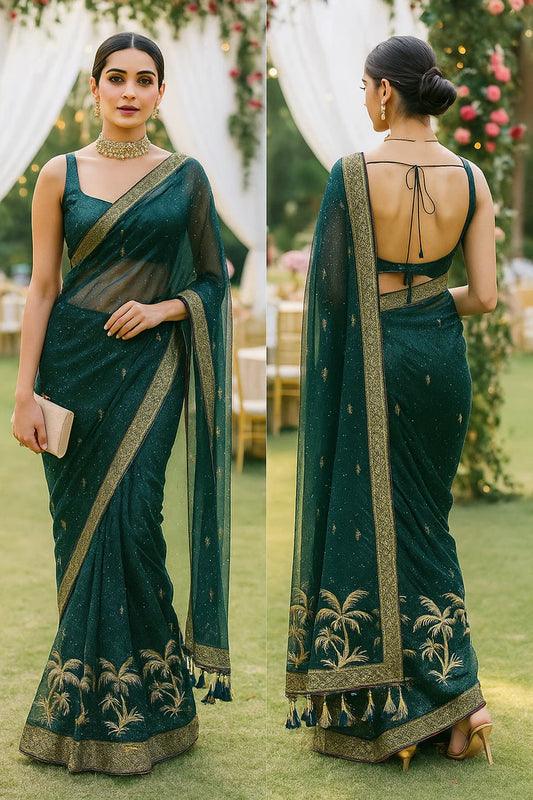 Combo of 2 Designer Twill Net Sarees with All-Over Sequin & Golden Embroidered Border | Premium Party & Wedding Wear Deal