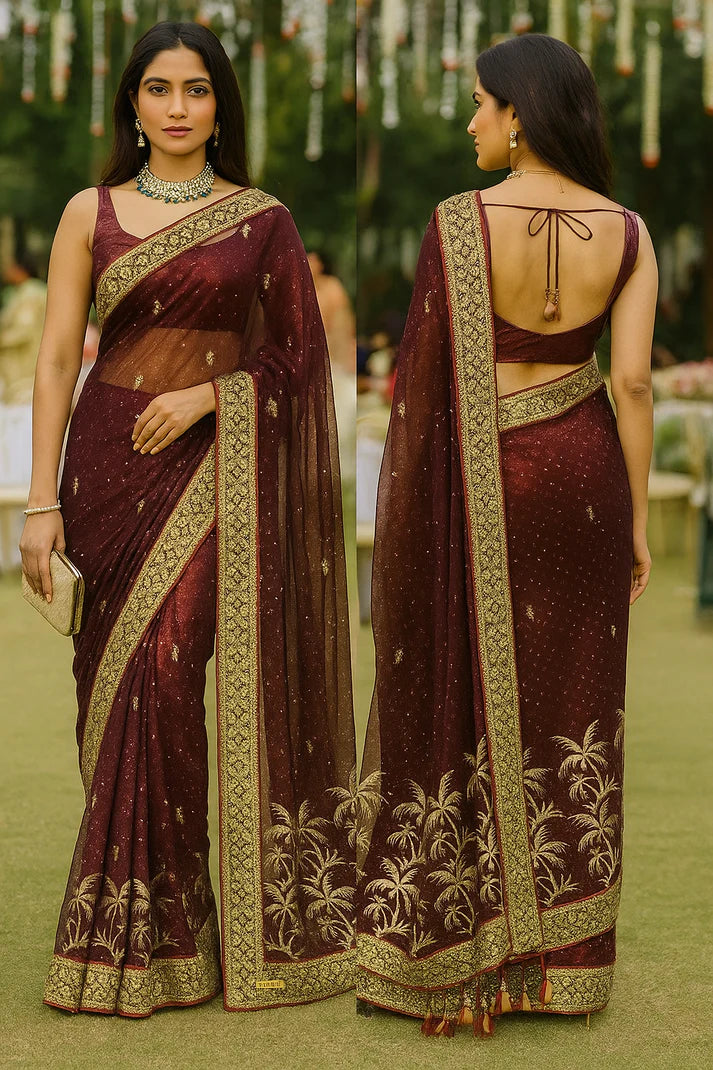 Combo of 2 Designer Twill Net Sarees with All-Over Sequin & Golden Embroidered Border | Premium Party & Wedding Wear Deal