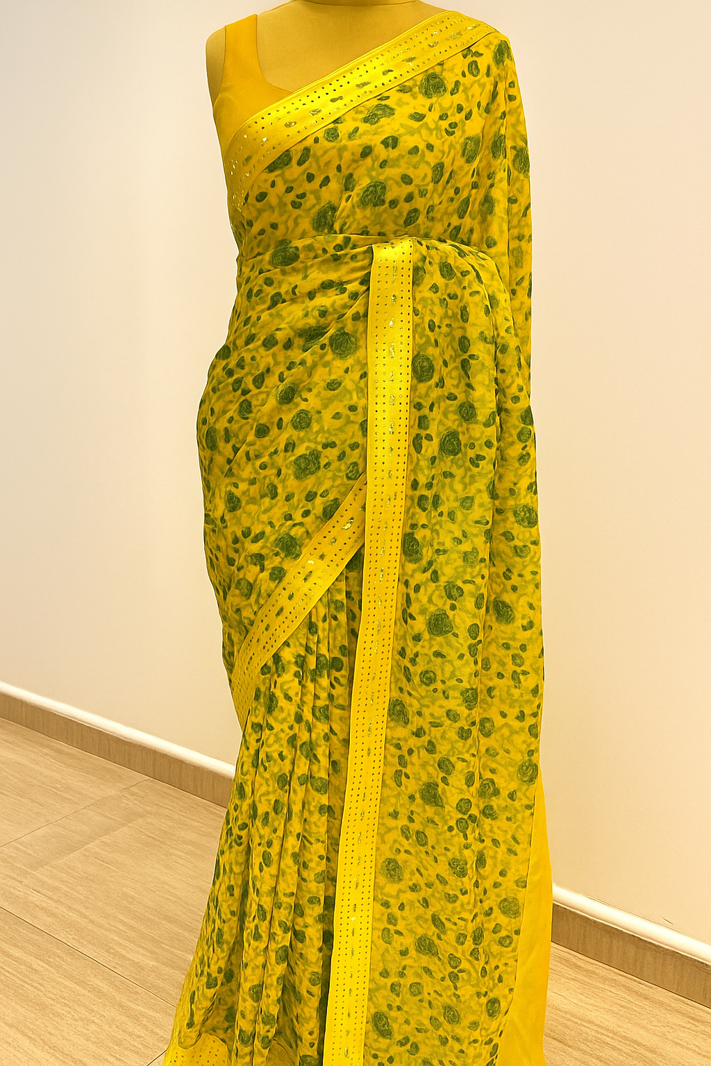 Vibrant Sunny Yellow Floral Saree with Mirror Work Border and Sleeveless Blouse