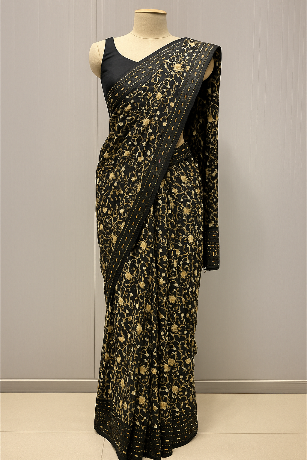 Elegant Black Floral Saree with Sequin Border