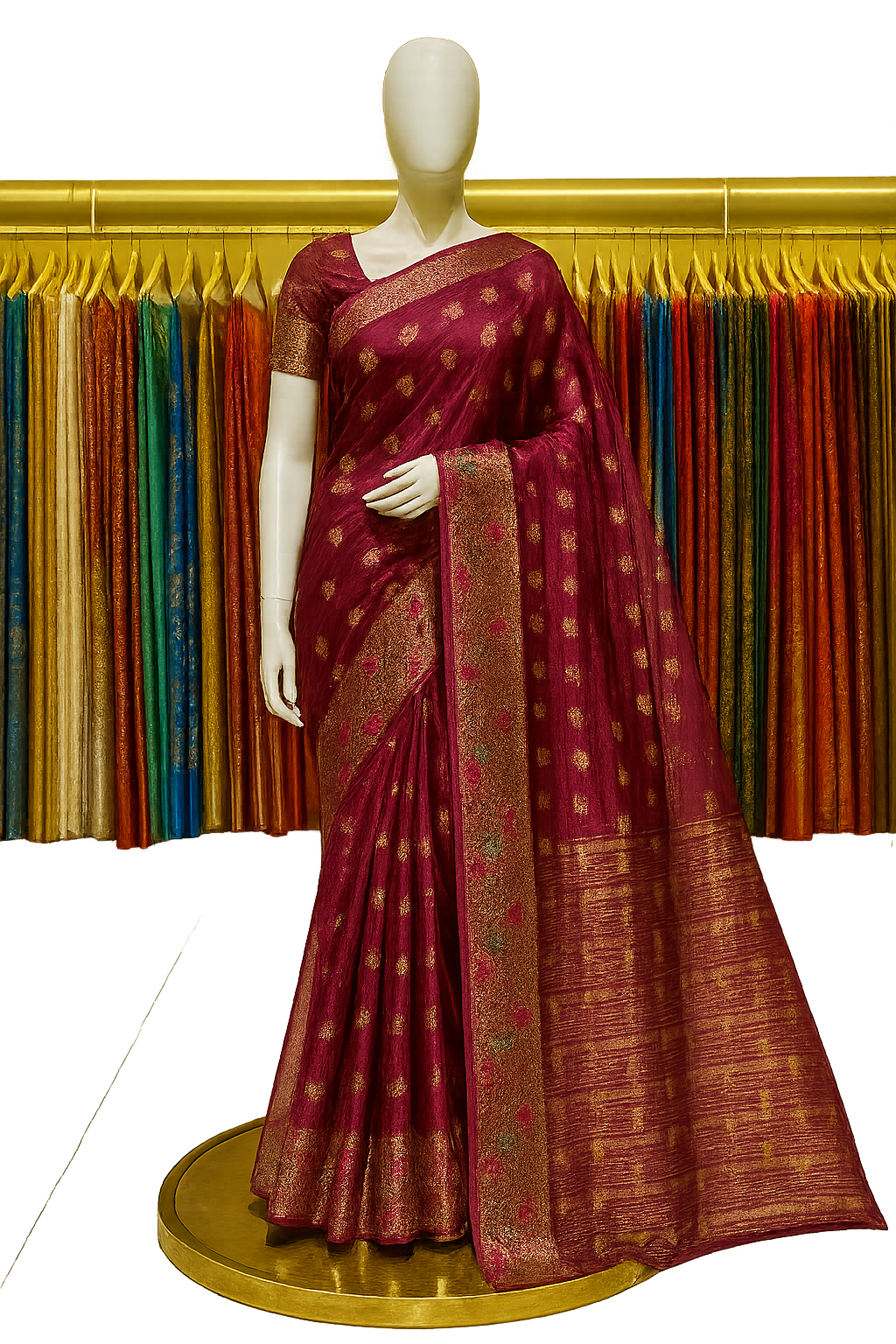 Radiant Maroon Organza Silk Saree with Golden Zari Work and Matching Blouse