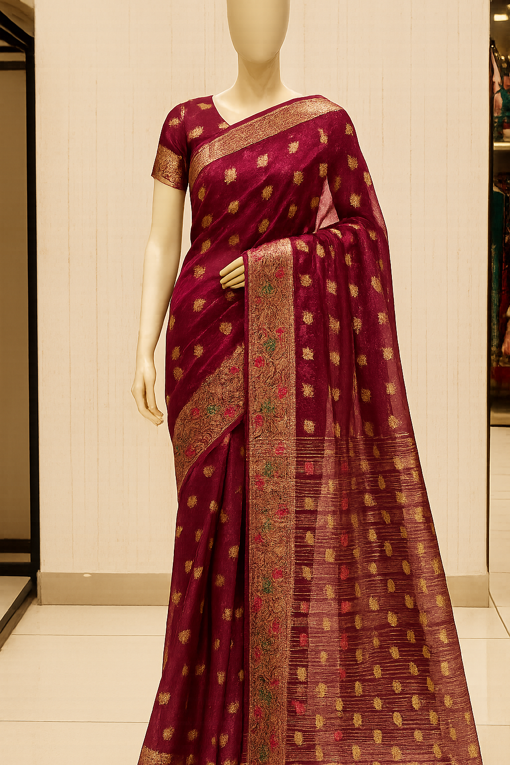 Radiant Maroon Organza Silk Saree with Golden Zari Work and Matching Blouse