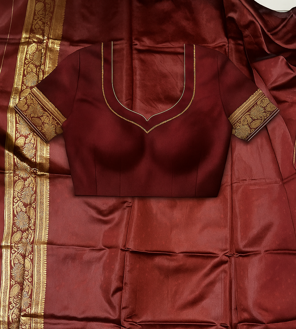 Emerald Maroon Kanjeevaram Silk Saree with Intricate Golden Zari Work