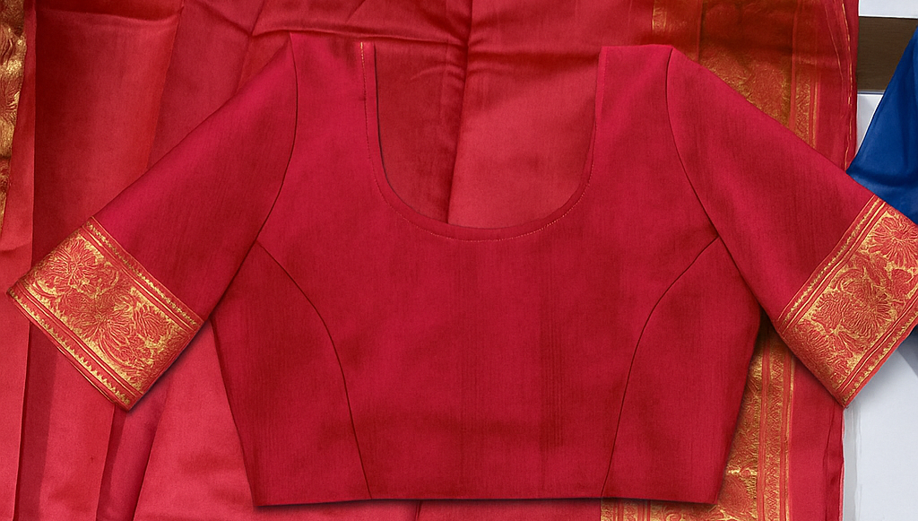 Exquisite Emerald Red Kanjeevaram Silk Saree with Golden Zari Work and Matching Blouse