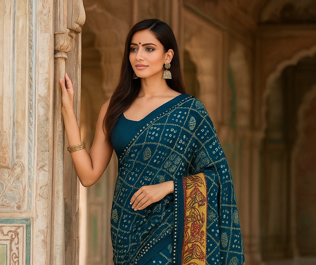 Traditional Gharchola Saree with Bandhani & Folk Art Border