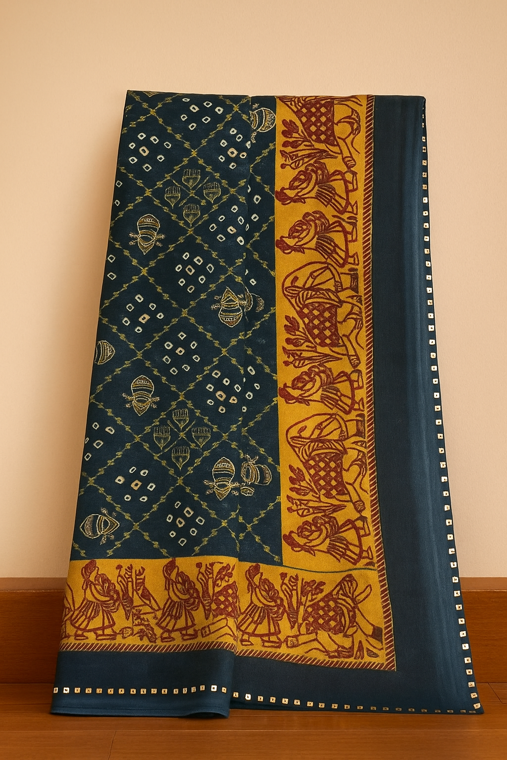 Traditional Gharchola Saree with Bandhani & Folk Art Border