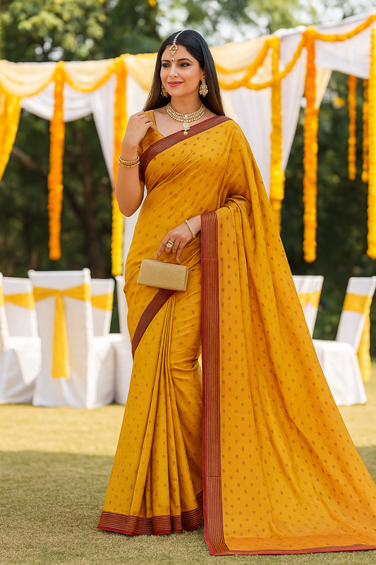 Vibrant Yellow Printed Saree with Zari Border Lace