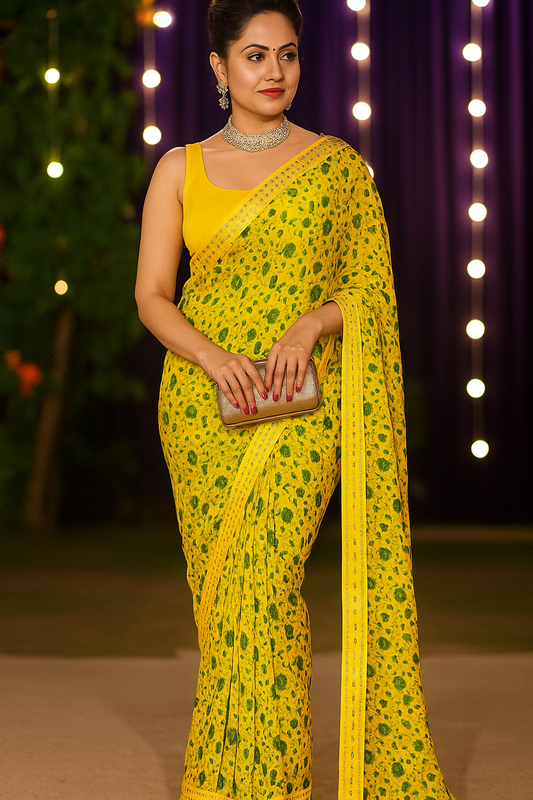 Vibrant Sunny Yellow Floral Saree with Mirror Work Border and Sleeveless Blouse