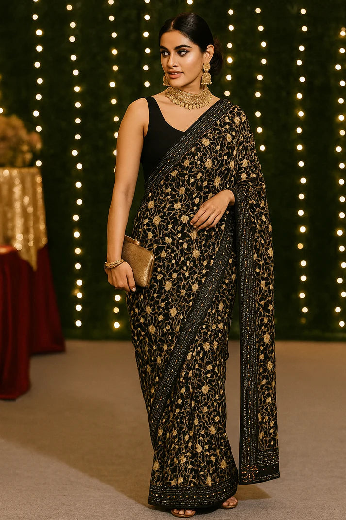 Combo of 2 Floral Sarees with Sequin Border | Lightweight Party & Festive Wear
