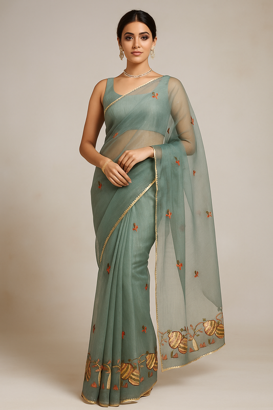 Crimson Bloom Net Saree with Embroidered Work