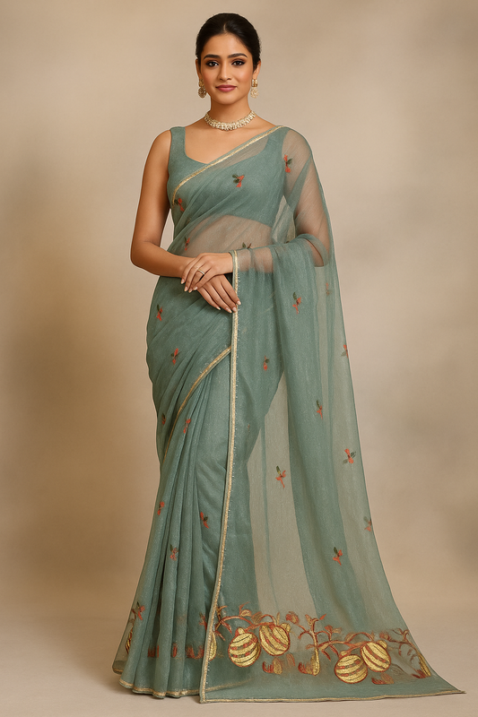 Crimson Bloom Net Saree with Embroidered Work