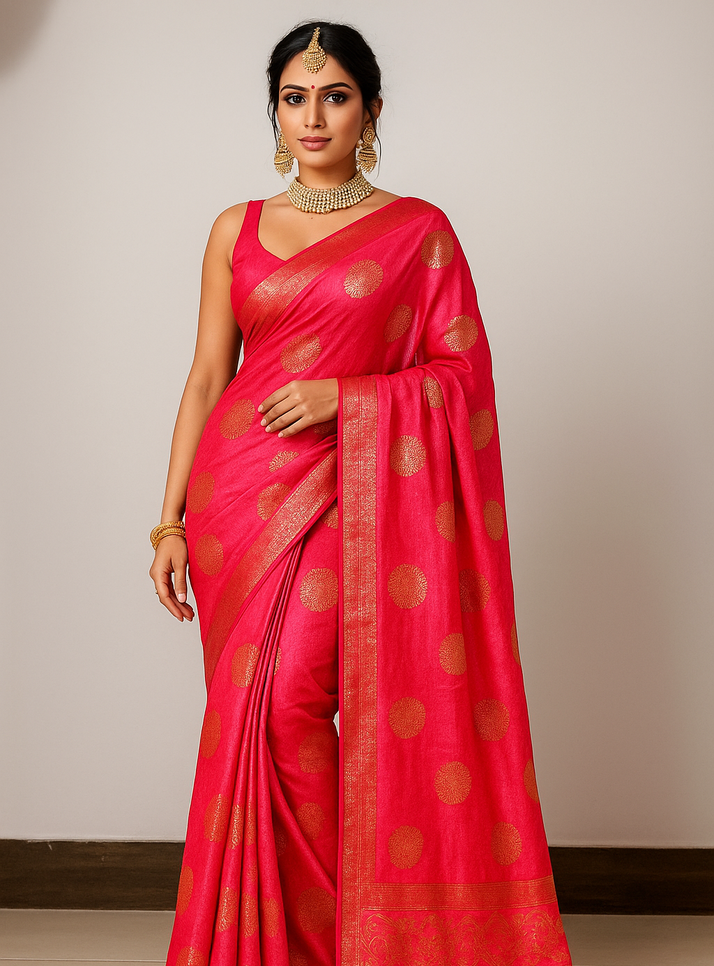Elegant Pink Vichitra Silk Saree with Foil Print & Samosa Lace Border