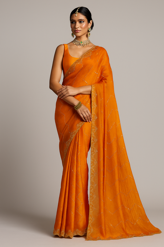 Jimmy Choo-Inspired Orange Saree with Subtle Golden Accents