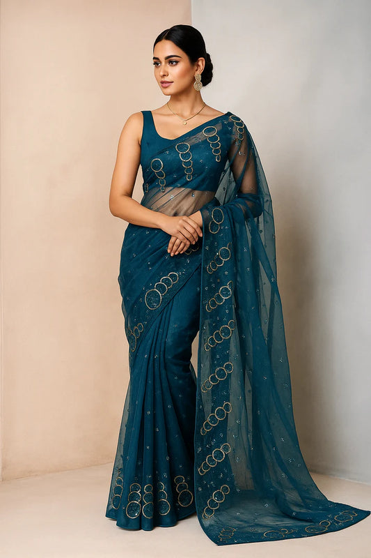 Combo of 2 Midnight Blue Organza Sarees with Golden Sequin Embroidery | Premium Festive & Wedding Deal