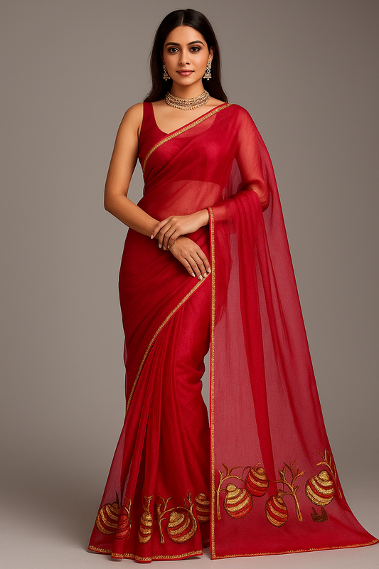Crimson Bloom Net Saree with Embroidered Work