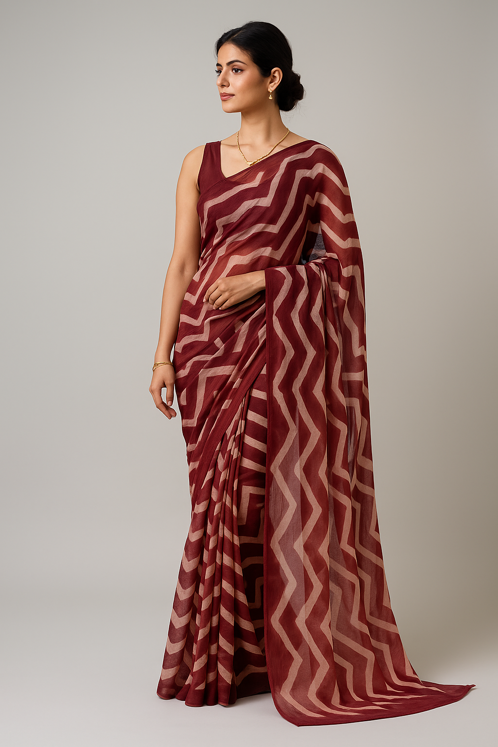 Maroon & White Zigzag Printed Chiffon Saree with Matching Blouse