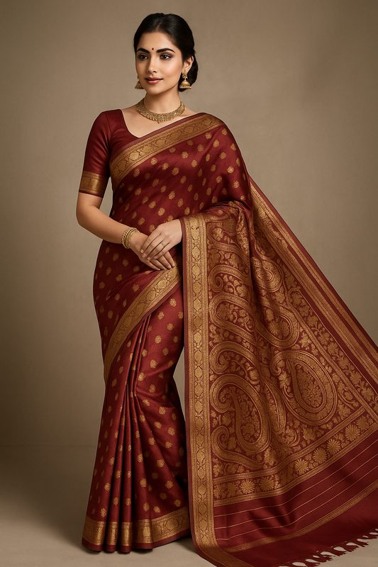 Emerald Maroon Kanjeevaram Silk Saree with Intricate Golden Zari Work