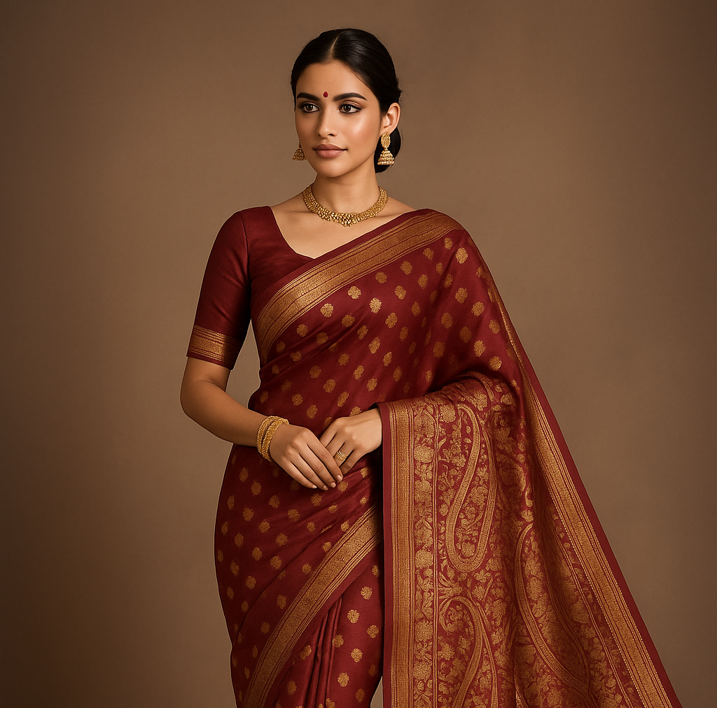Emerald Maroon Kanjeevaram Silk Saree with Intricate Golden Zari Work