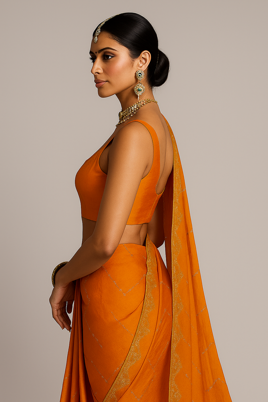 Jimmy Choo-Inspired Orange Saree with Subtle Golden Accents