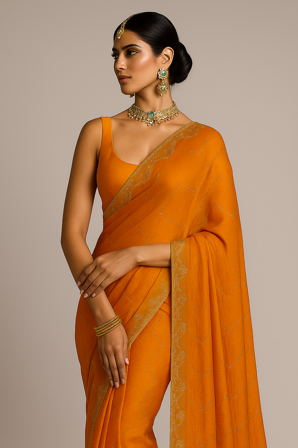 Jimmy Choo-Inspired Orange Saree with Subtle Golden Accents