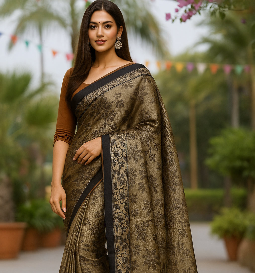 Elegant Olive Black Braso Silk Saree