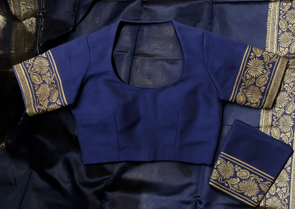 Emerald Navy Blue Kanjeevaram Silk Saree with Intricate Golden Zari Work