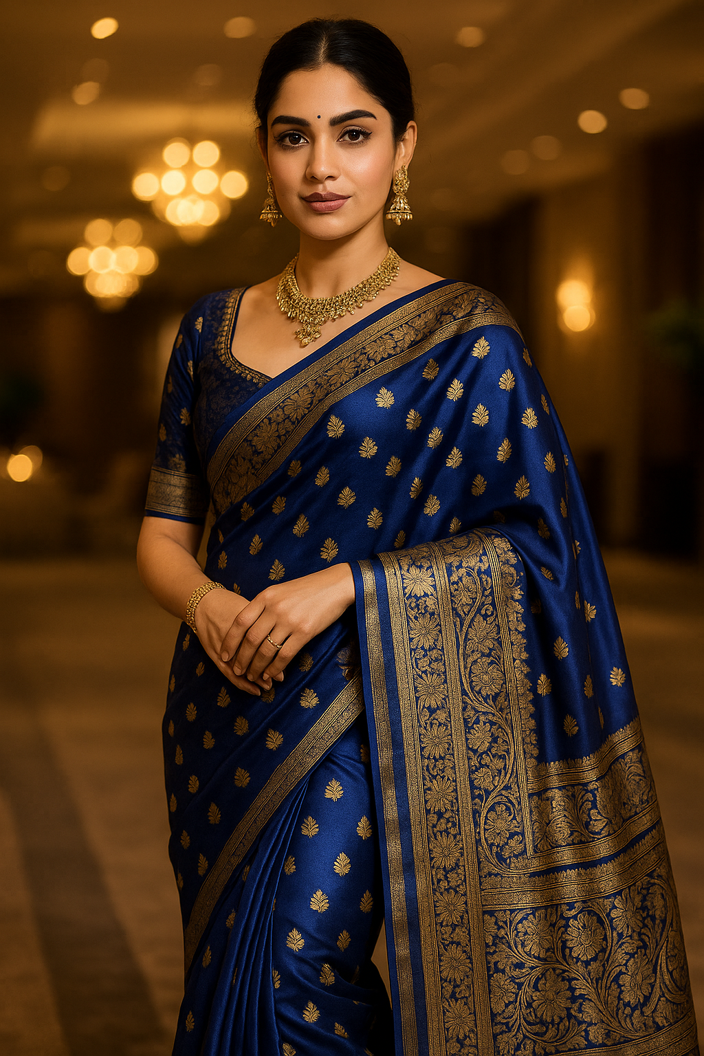 Emerald Navy Blue Kanjeevaram Silk Saree with Intricate Golden Zari Work