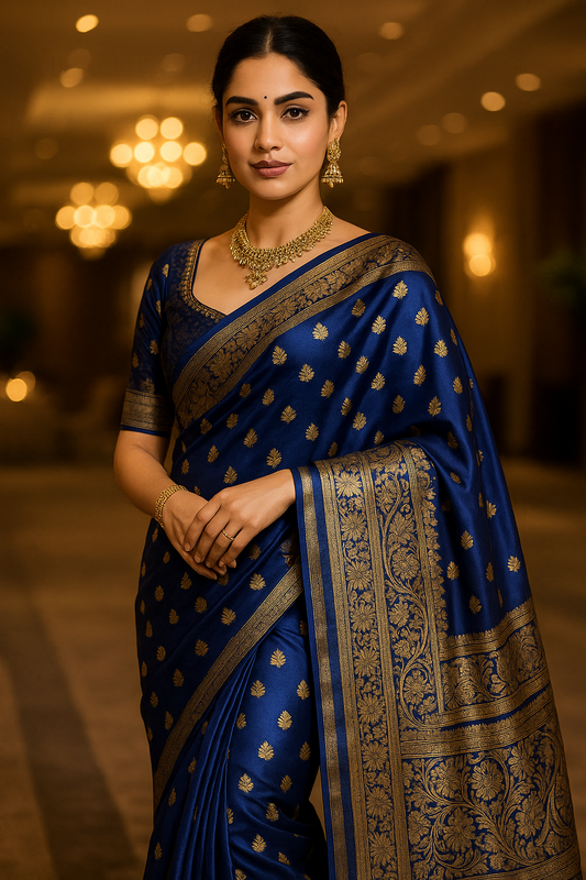 Emerald Navy Blue Kanjeevaram Silk Saree with Intricate Golden Zari Work