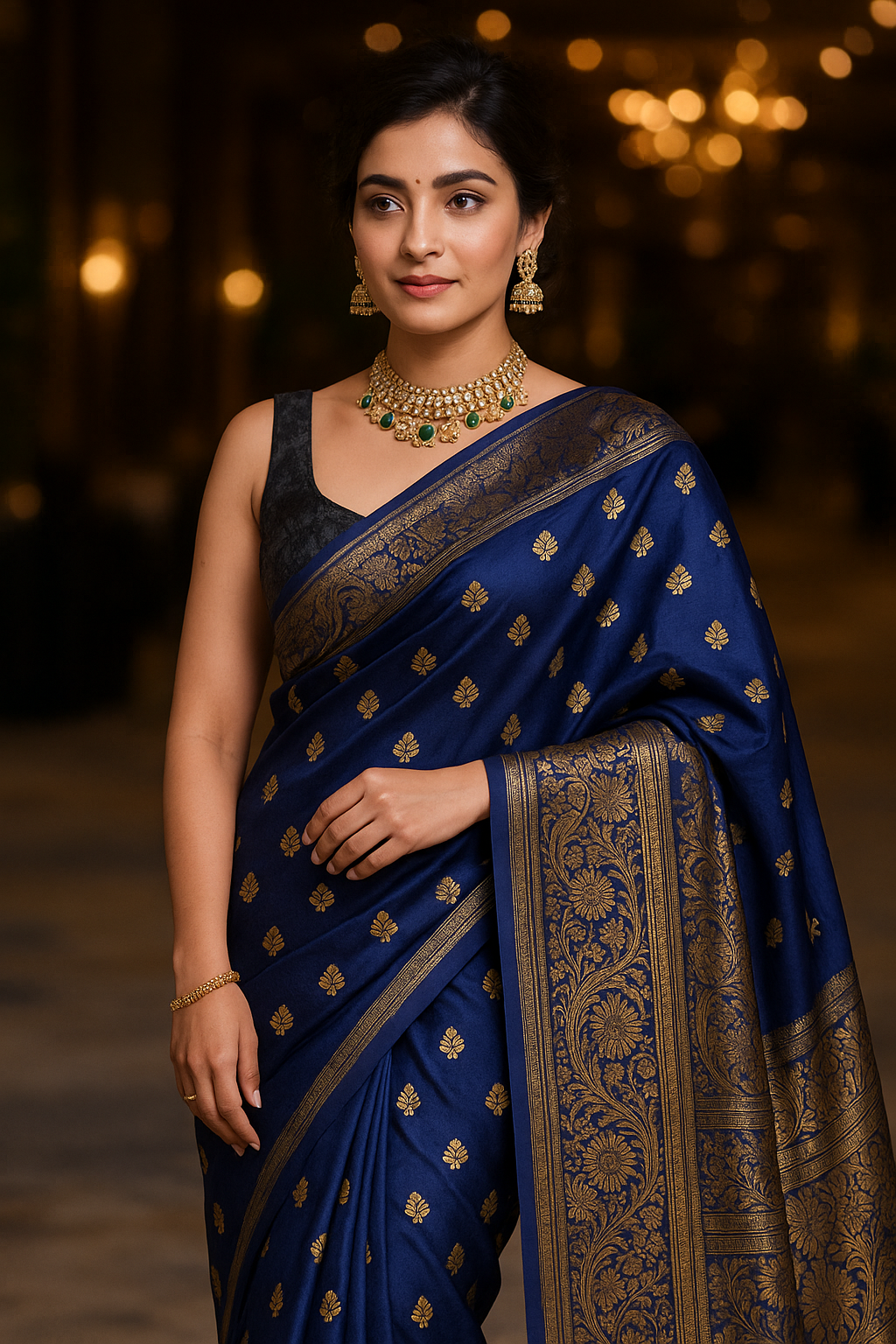 Emerald Navy Blue Kanjeevaram Silk Saree with Intricate Golden Zari Work