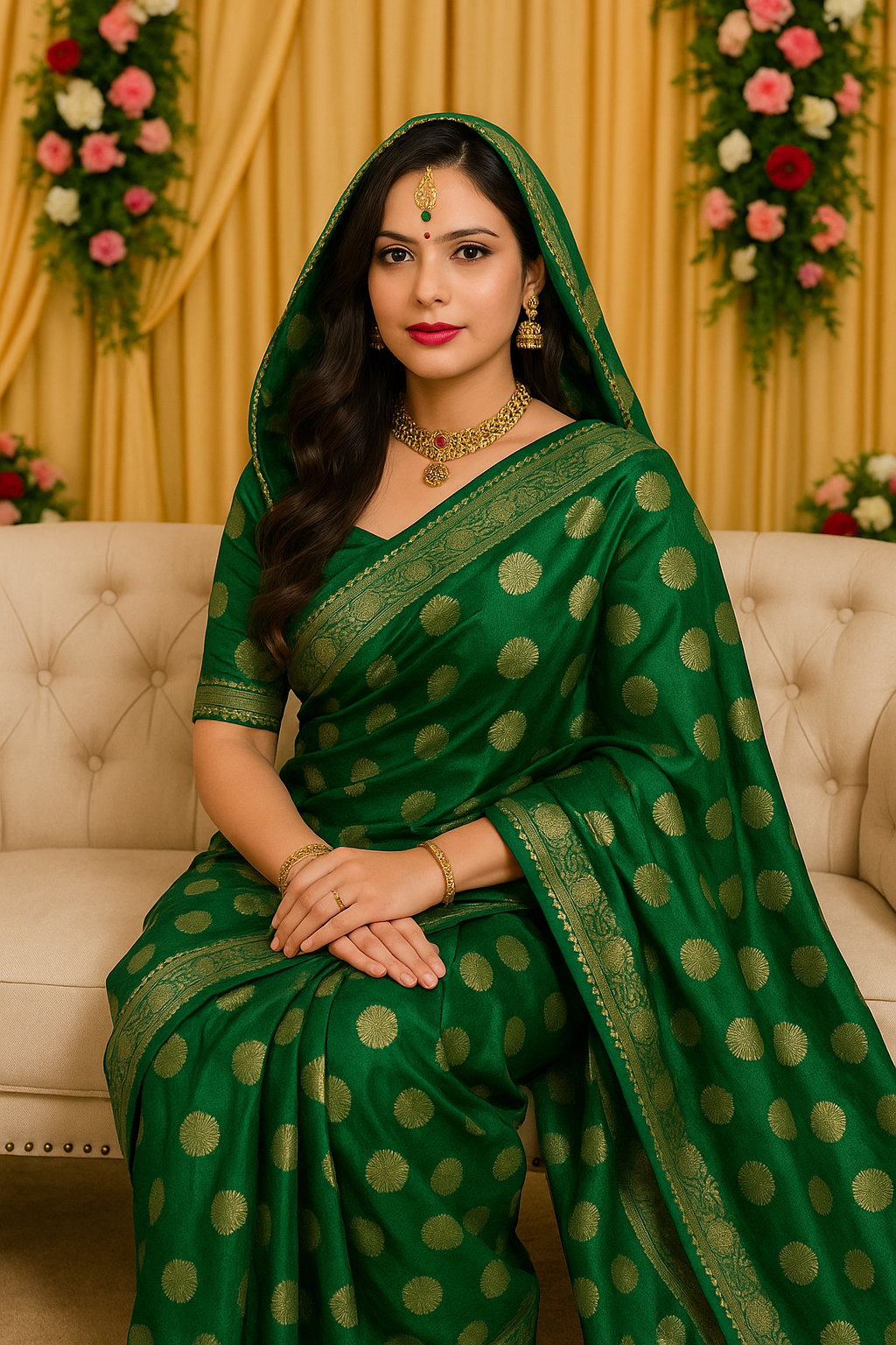 Elegant Green Vichitra Silk Saree with Foil Print & Samosa Lace Border
