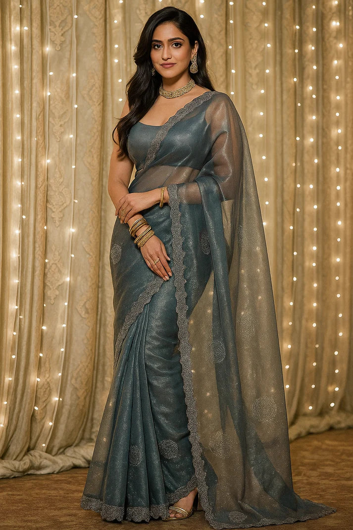 Combo of 2 Premium Twill Net Sarees with Glitter Thread Work | Party & Wedding Special